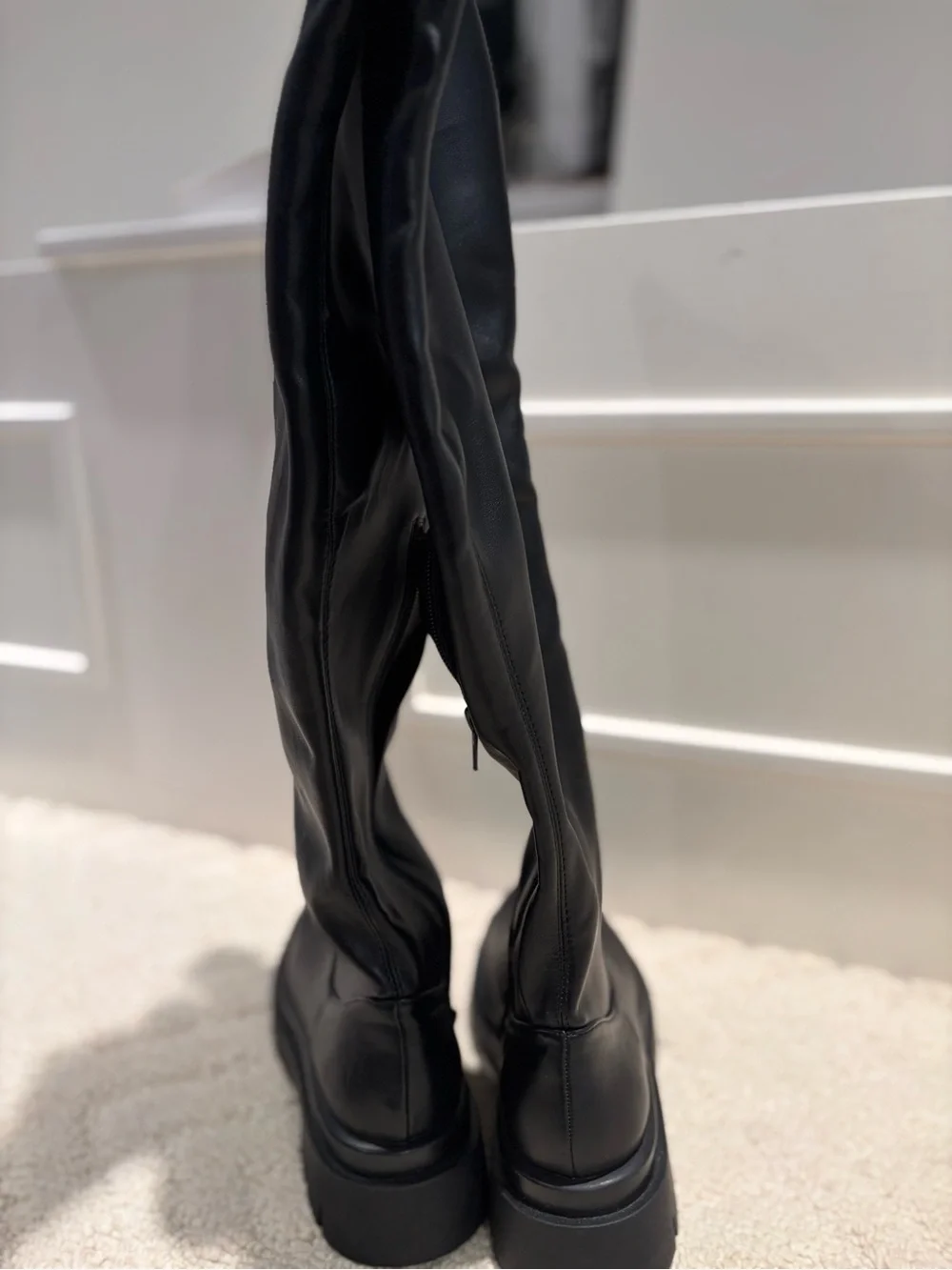Black Over-the-Knee Square Toe Chunky Lug Sole Boots Size 6